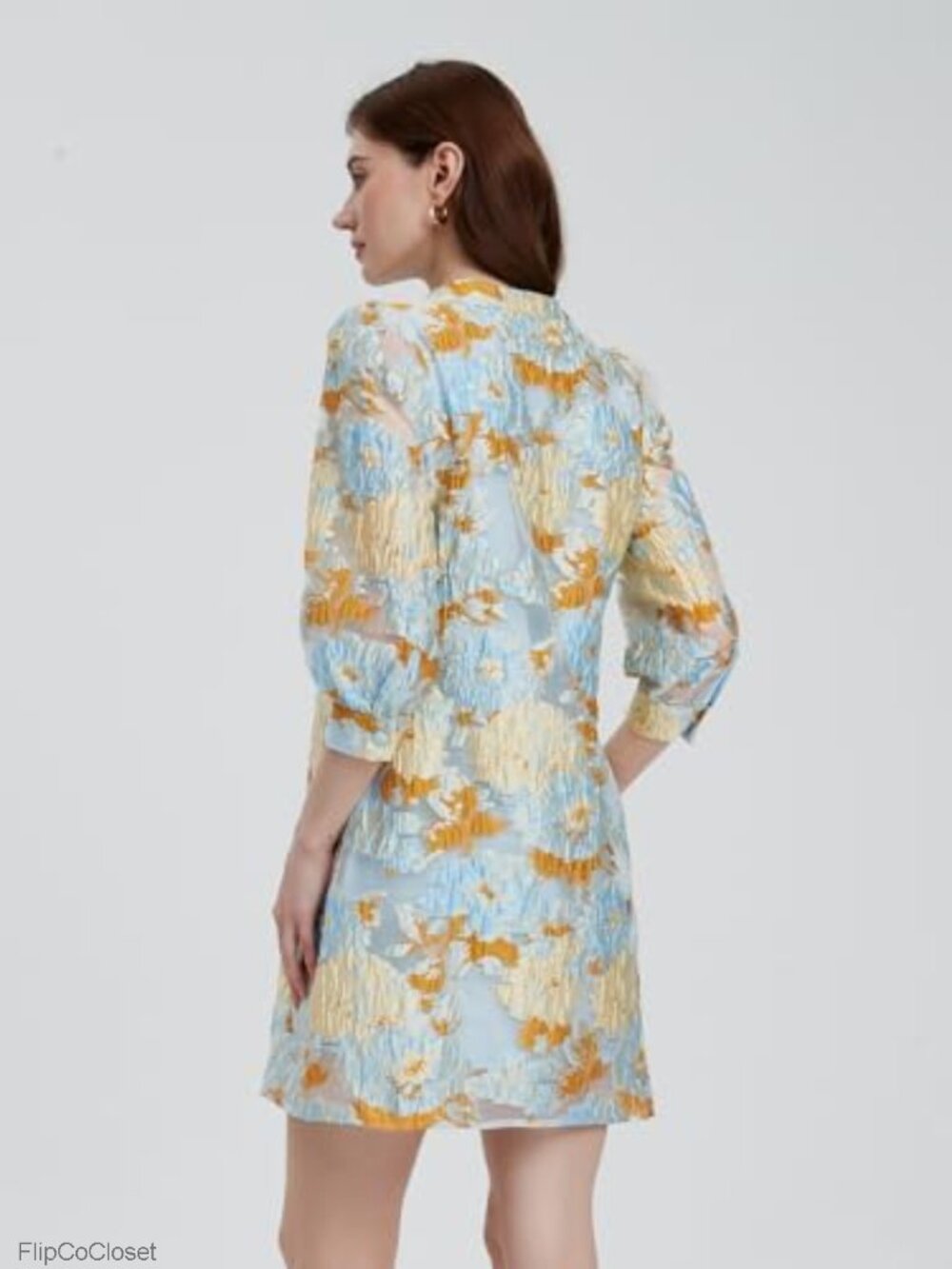 Floral Jacquard Embroidered Cocktail Shift Dress with Puff Sleeves Mini - Picture 3 of 6